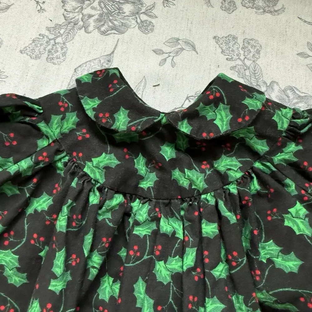 VTG 80s Girls 2T Holiday Christmas Dress Handmade Green Red Holly Berry Collar